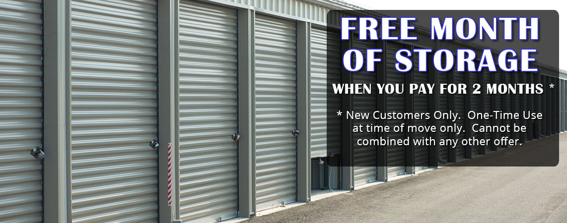 Row of metal storage unit doors with promotional offer